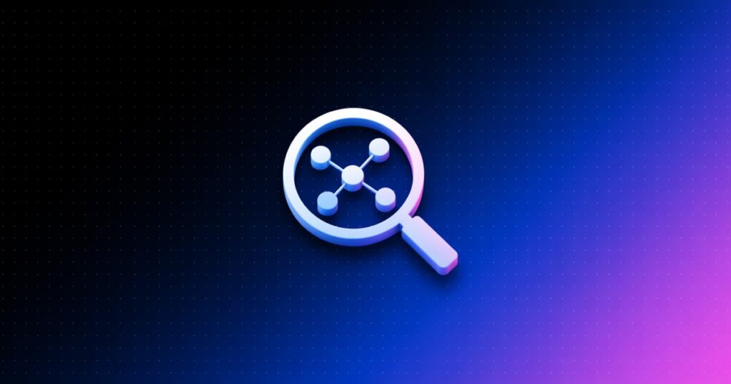 Ilustração de uma lupa analisando uma rede de dados conectados, representando um agente de IA conectado via MCP aos dados de marketing e vendas