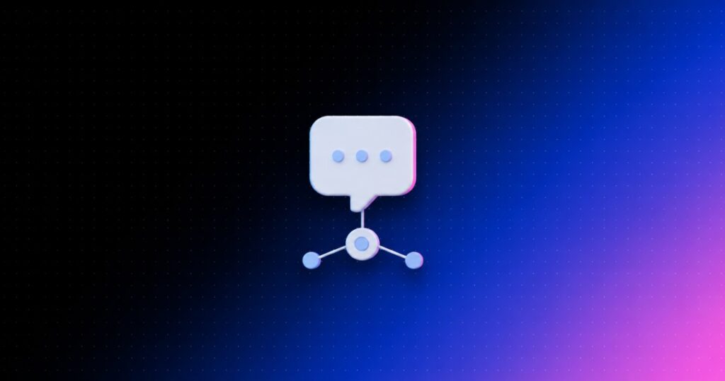 Ilustração com fundo em degradê preto, azul e rosa e ícone 3D de balão de conversa conectado a um nó de dados, representando prompts de IA para vendas conectados a dados reais