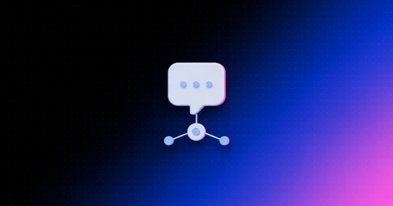 Ilustração com fundo em degradê preto, azul e rosa e ícone 3D de balão de conversa conectado a um nó de dados, representando prompts de IA para vendas conectados a dados reais