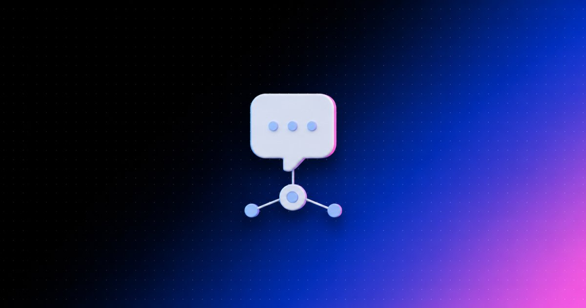 Ilustração com fundo em degradê preto, azul e rosa e ícone 3D de balão de conversa conectado a um nó de dados, representando prompts de IA para vendas conectados a dados reais