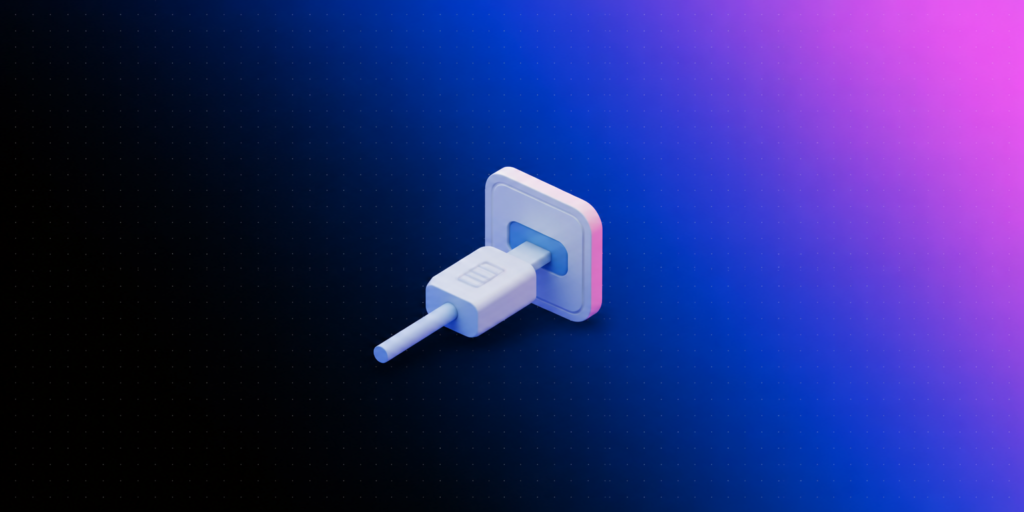 Ícone 3D de conector encaixando em uma porta sobre fundo degradê azul e rosa da Laiki, representando o agente de IA conectado aos dados