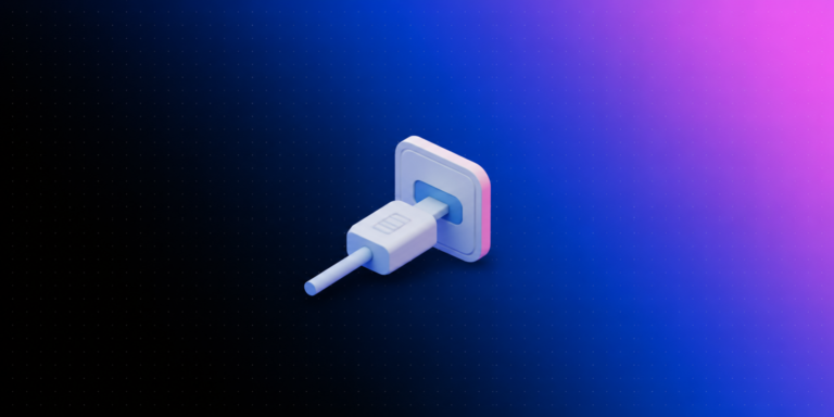 Ícone 3D de conector encaixando em uma porta sobre fundo degradê azul e rosa da Laiki, representando o agente de IA conectado aos dados