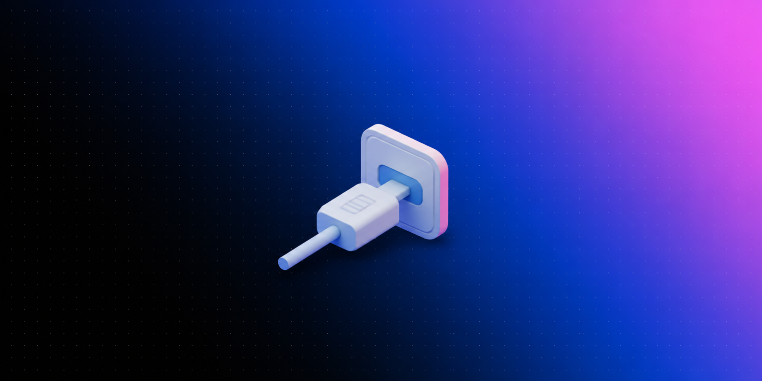Ícone 3D de conector encaixando em uma porta sobre fundo degradê azul e rosa da Laiki, representando o agente de IA conectado aos dados