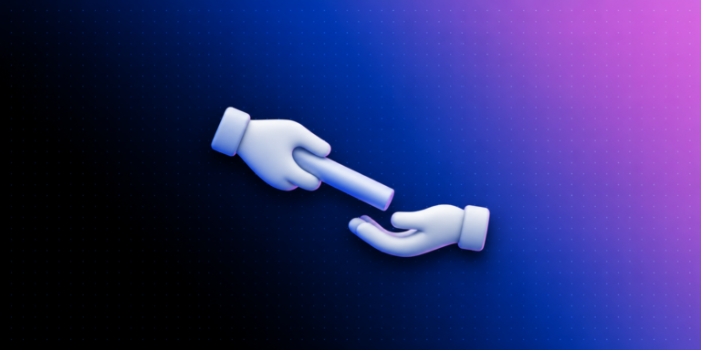 Ícone 3D de bastão de revezamento sendo passado entre duas mãos sobre fundo degradê azul e rosa da Laiki, representando o alinhamento entre marketing e vendas
