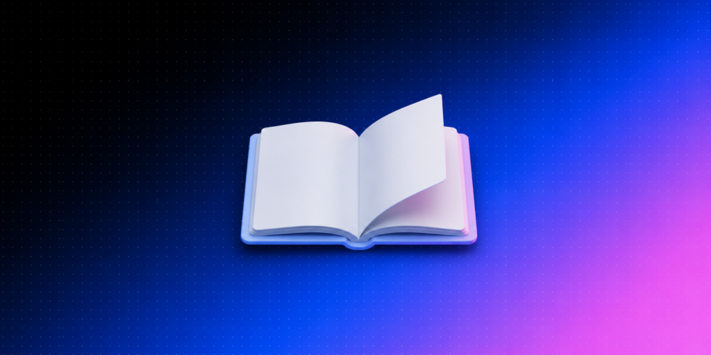 Ícone 3D de livro aberto com uma página virando sobre fundo degradê azul e rosa da Laiki, representando o fechamento de ciclo