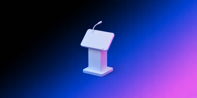 Ícone 3D de púlpito de apresentação sobre fundo degradê azul e rosa da Laiki, representando a apresentação de resultados para a diretoria