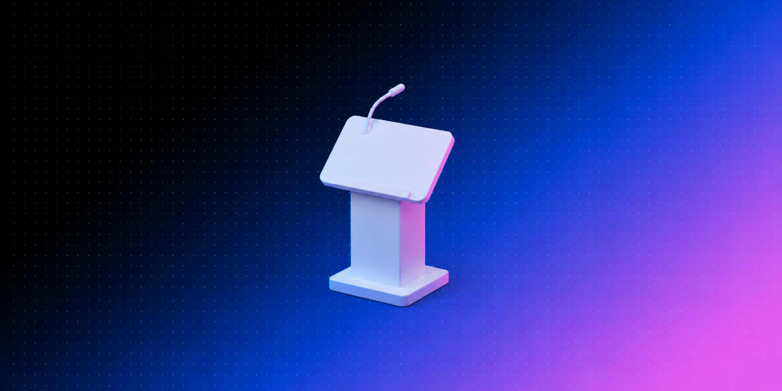 Ícone 3D de púlpito de apresentação sobre fundo degradê azul e rosa da Laiki, representando a apresentação de resultados para a diretoria