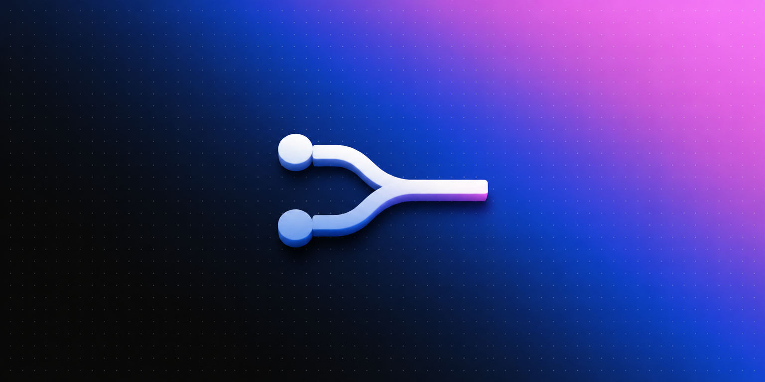 Ícone 3D de dois caminhos convergindo em um só sobre fundo degradê azul e rosa da Laiki, representando o funil unificado de marketing e vendas