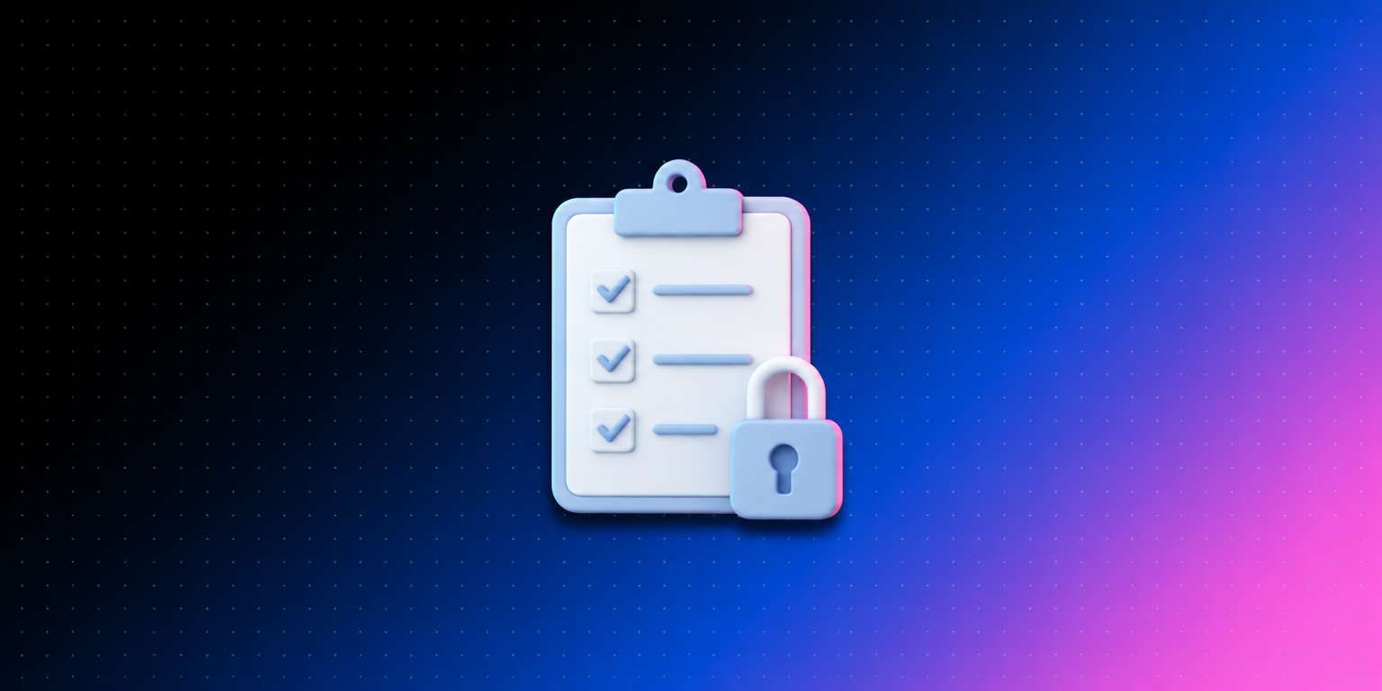 Ícone 3D de prancheta com checklist e cadeado sobre fundo degradê azul e rosa da Laiki, representando o checklist de LGPD no marketing