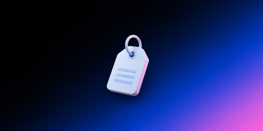 Ícone 3D de etiqueta de identificação sobre fundo degradê azul e rosa da Laiki, representando a nomenclatura de campanha
