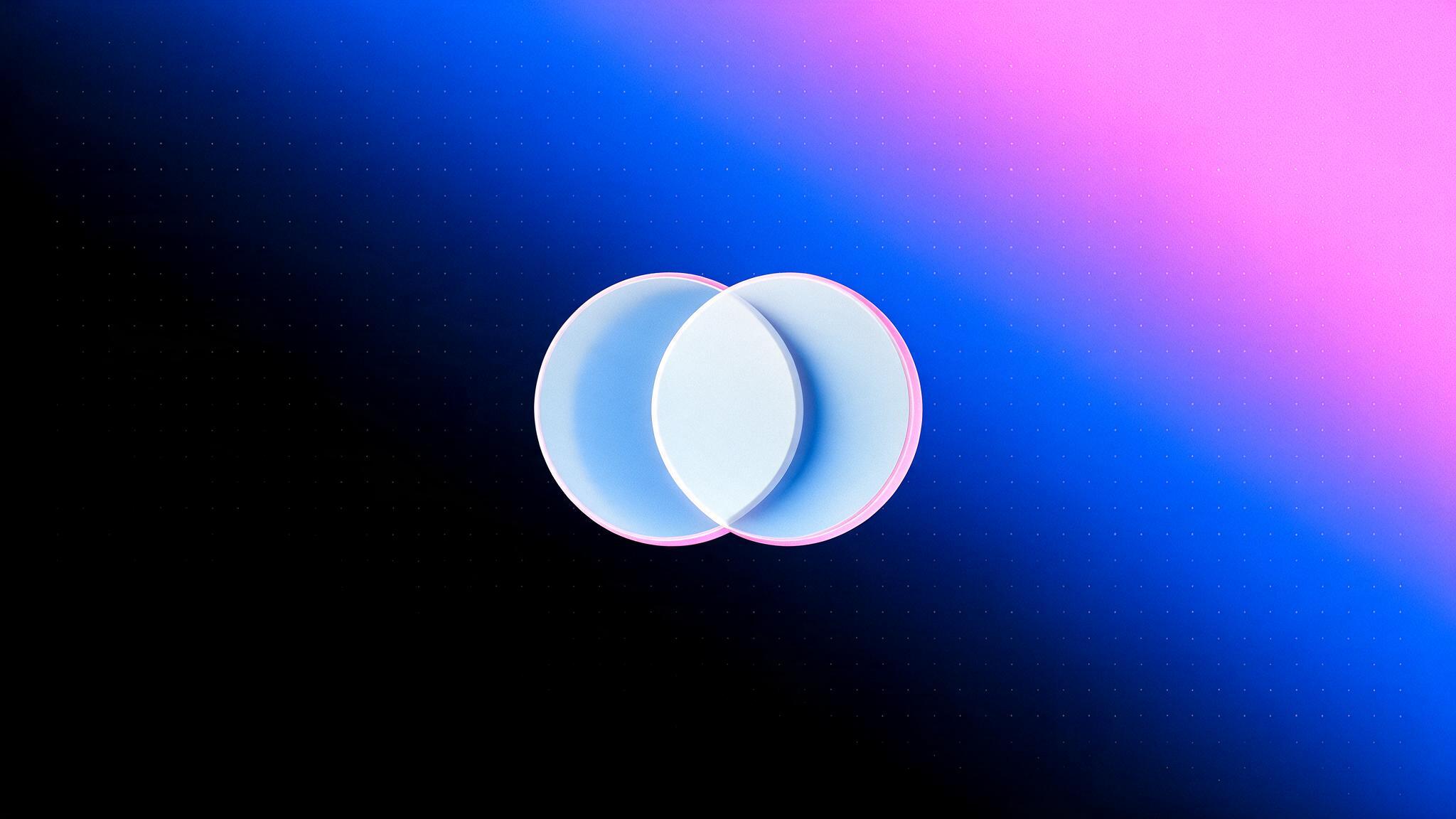 Ícone 3D de dois círculos sobrepostos se fundindo em um centro comum, sobre fundo degradê preto, azul e rosa da Laiki, representando a unificação de perfis numa CDP