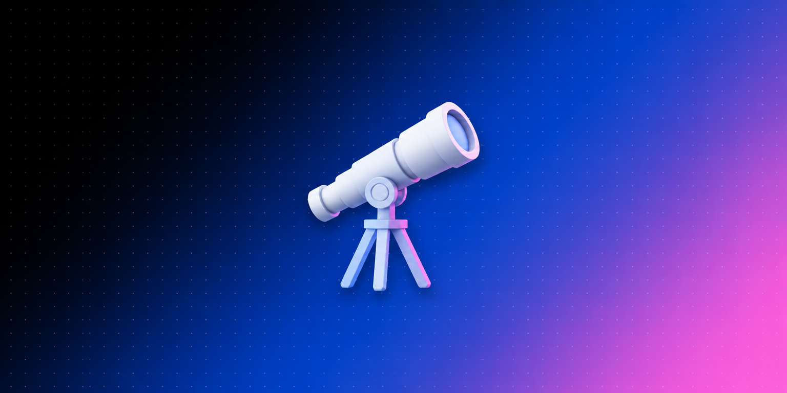Ícone 3D de telescópio sobre fundo degradê azul e rosa da Laiki, representando a previsão de receita a partir do funil