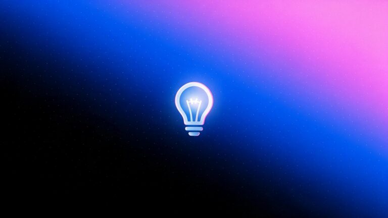Ícone 3D de lâmpada acesa lançando luz suave, representando clareza na decisão comercial após o escuro, sobre fundo degradê azul e rosa da Laiki