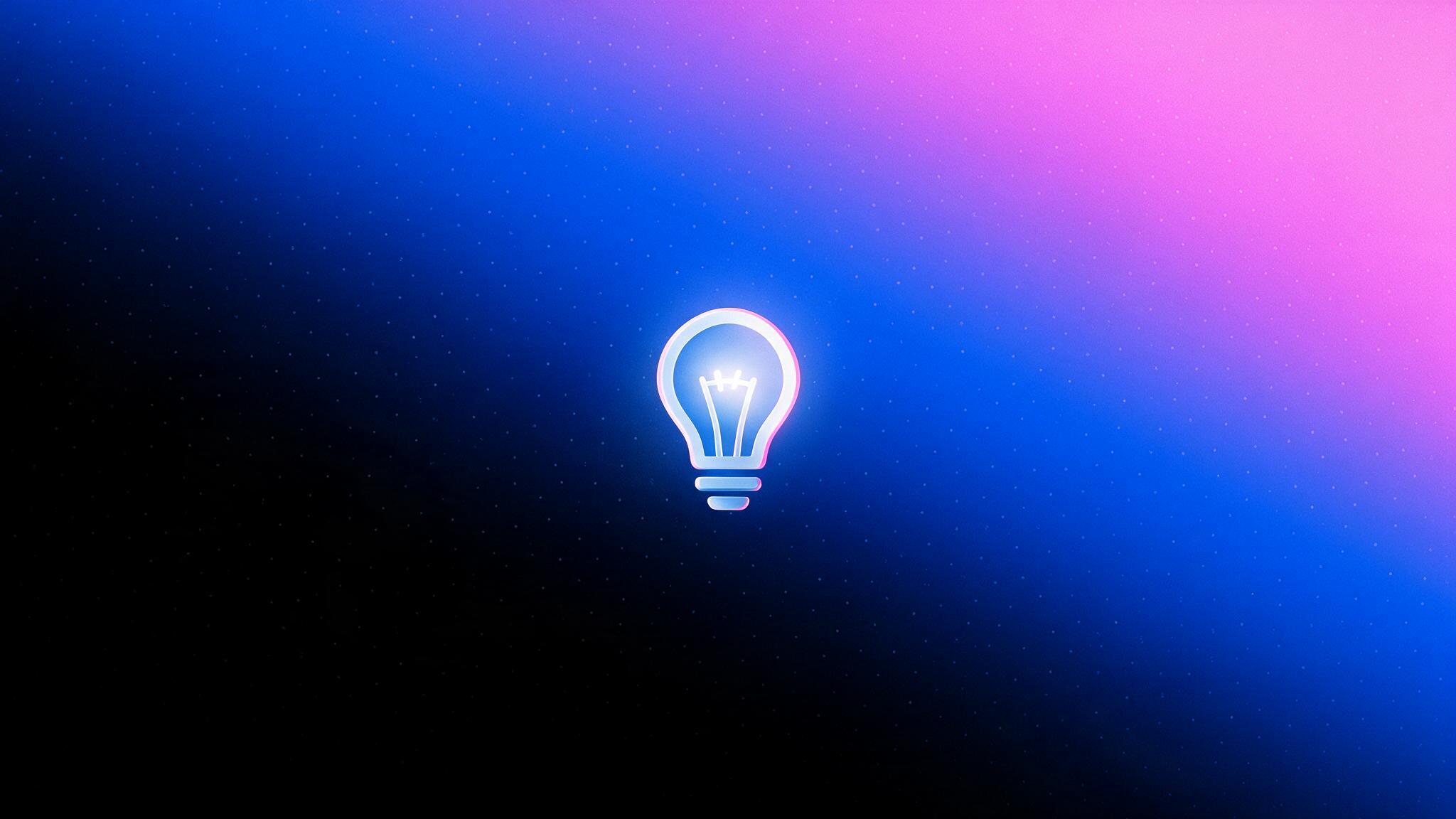 Ícone 3D de lâmpada acesa lançando luz suave, representando clareza na decisão comercial após o escuro, sobre fundo degradê azul e rosa da Laiki