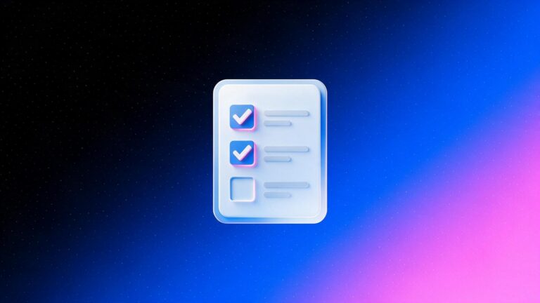 Ícone 3D de um checklist com os dois primeiros itens marcados e o último em aberto, sobre fundo degradê preto, azul e rosa da Laiki, representando o teste que ajuda a decidir a contratação