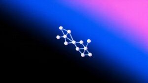 Ícone 3D de dois clusters de nós convergindo em uma rede única, representando marketing e vendas unidos em RevOps, sobre fundo degradê azul e rosa da Laiki