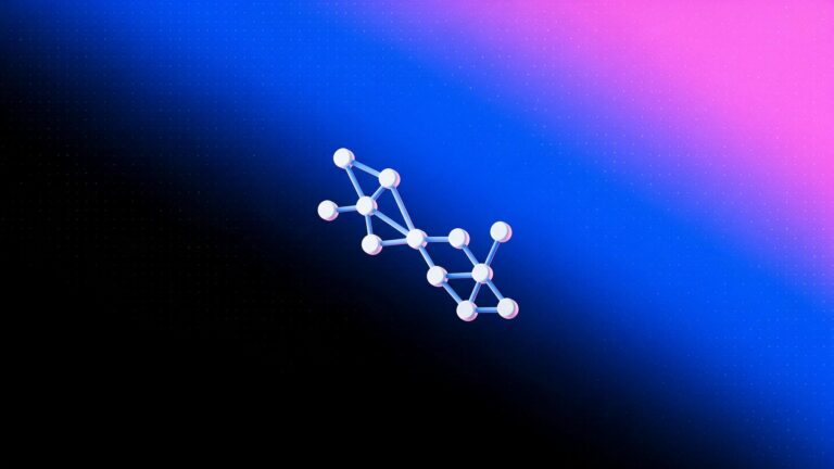 Ícone 3D de dois clusters de nós convergindo em uma rede única, representando marketing e vendas unidos em RevOps, sobre fundo degradê azul e rosa da Laiki
