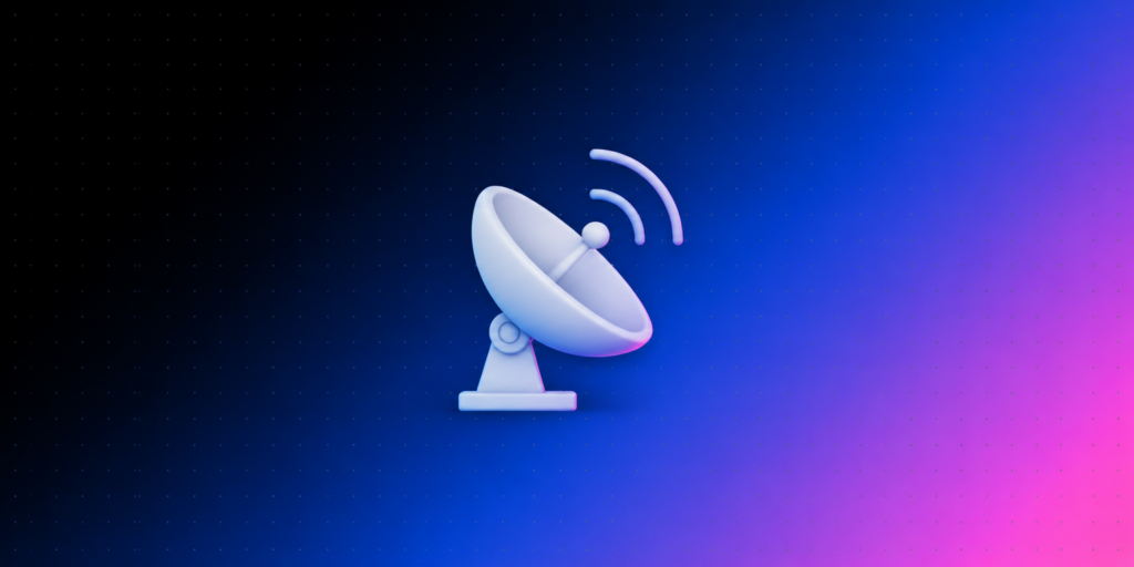 Ícone 3D de antena de radar com ondas sobre fundo degradê azul e rosa da Laiki, representando o rastreamento do tráfego de IA no GA4