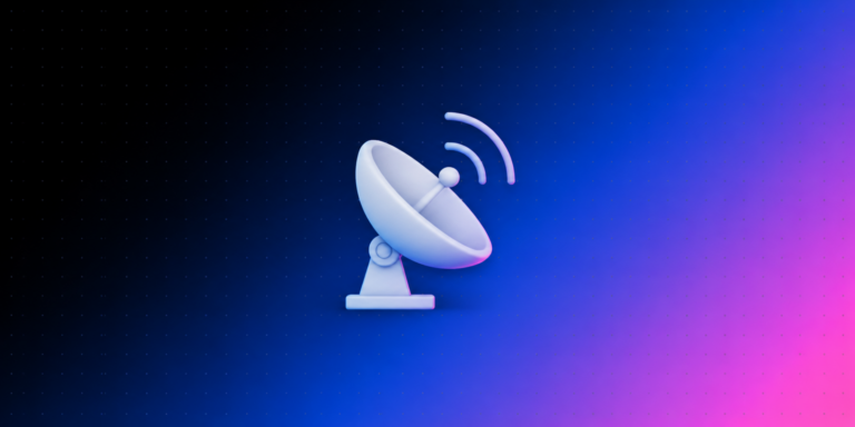 Ícone 3D de antena de radar com ondas sobre fundo degradê azul e rosa da Laiki, representando o rastreamento do tráfego de IA no GA4