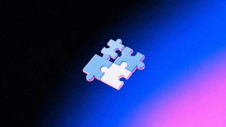 Ícone 3D de peças de quebra-cabeça de tamanhos diferentes se encaixando, representando o comitê de decisão de uma venda complexa, sobre fundo degradê azul e rosa da Laiki