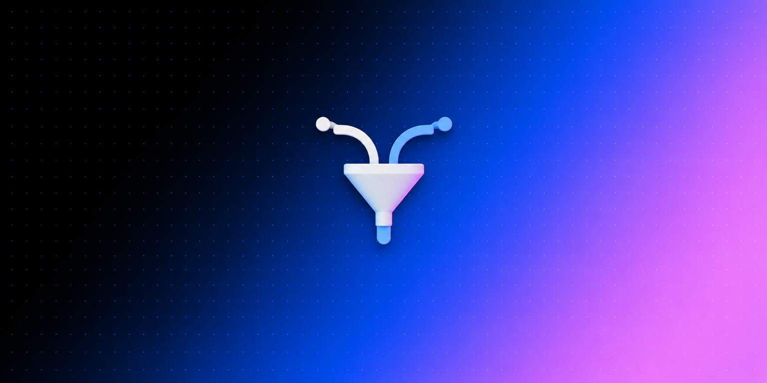 Funil com dois fluxos convergindo, ícone 3D branco e azul claro com luz de borda rosa, sobre fundo degradê preto, azul e rosa