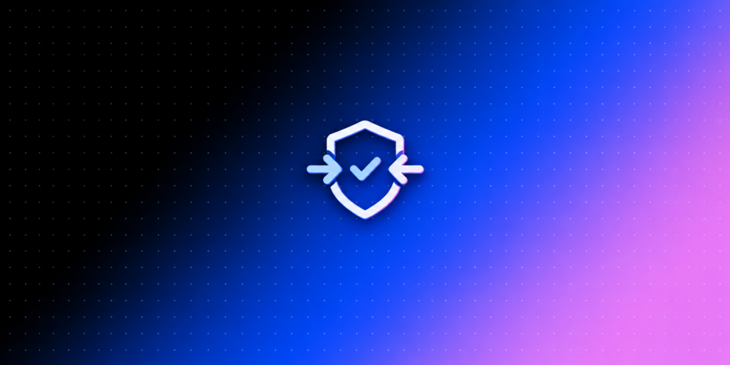 Ícone de escudo com duas setas convergentes e check, em fundo degradê azul e rosa com dot pattern