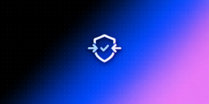 Ícone de escudo com duas setas convergentes e check, em fundo degradê azul e rosa com dot pattern