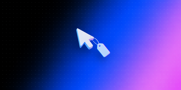 Ícone 3D de cursor do mouse com uma etiqueta presa, sobre fundo em degradê preto, azul e rosa da Laiki