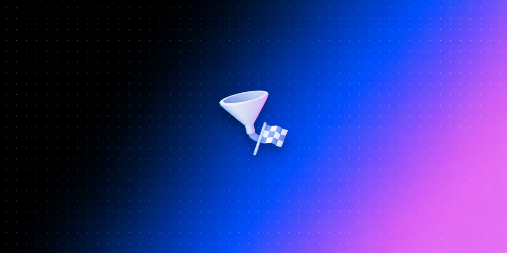 Ícone 3D de funil com bandeira quadriculada na saída sobre fundo gradiente preto, azul e rosa