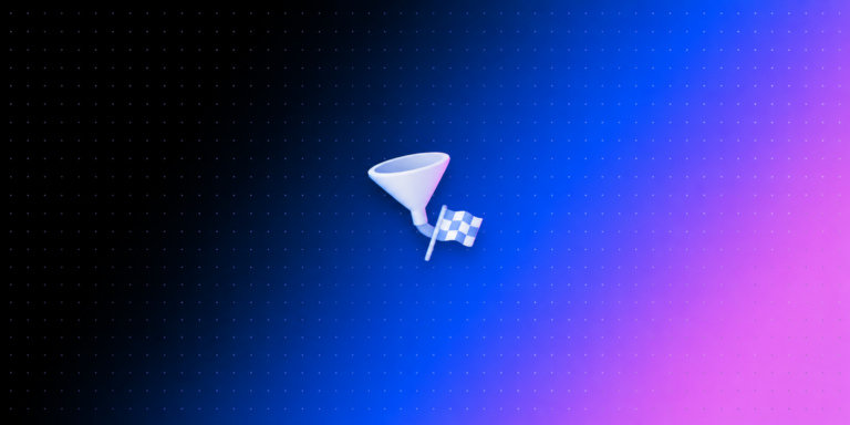 Ícone 3D de funil com bandeira quadriculada na saída sobre fundo gradiente preto, azul e rosa